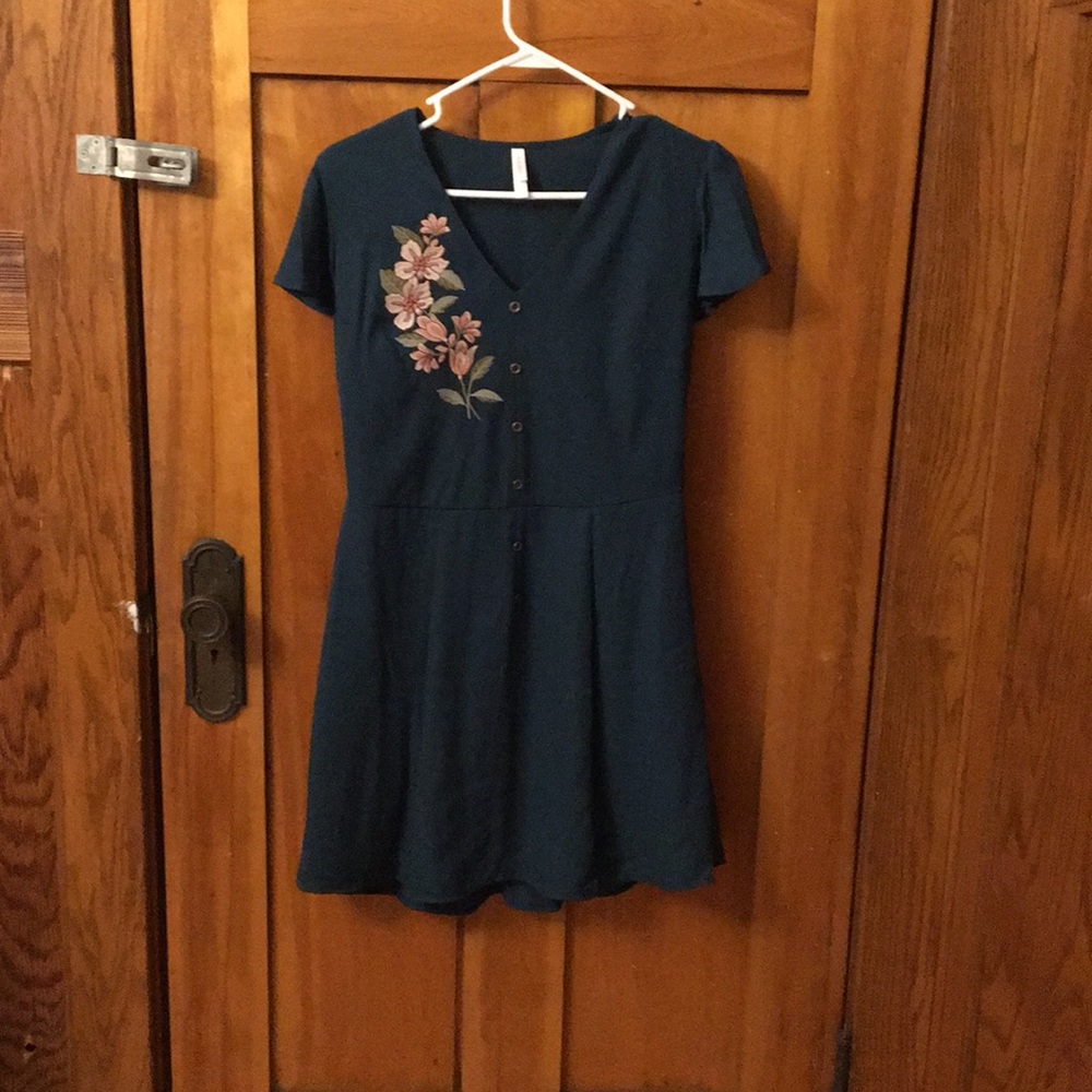 Teal Button-Down Dress with Embroidery Detail